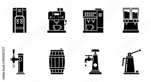 Set of black drink dispenser, coffee machine and beer tap icons, minimalist style
