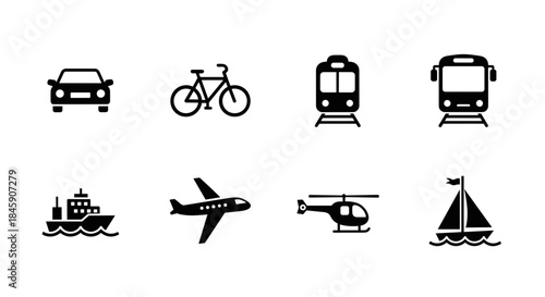 Set of black transportation icons with car, bicycle, train, bus, ship, airplane, helicopter and sailboat, minimalist style
