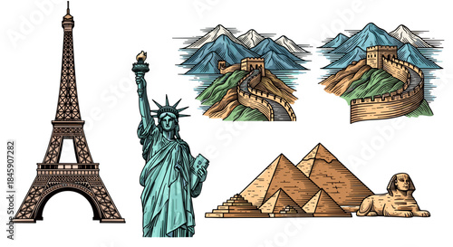 Illustrations of famous world landmarks: Eiffel Tower Liberty Statue Great Wall Pyramids