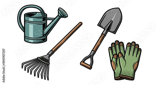 Gardening tools set with watering can, rake, shovel and gloves, cartoon style
