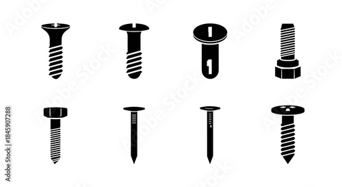 Set of black screw and nail icons, minimalist style

