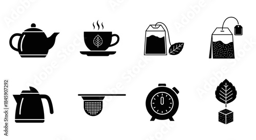 Set of black tea icons, cups, kettles and tea bags, minimalist style
