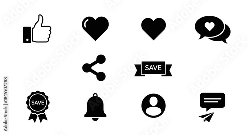 Social media icon set containing notification share heart like save comment user