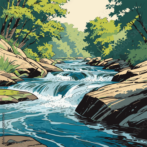 Vector illustration of a river, drawn in a bold American comic style with bold, expressive lines