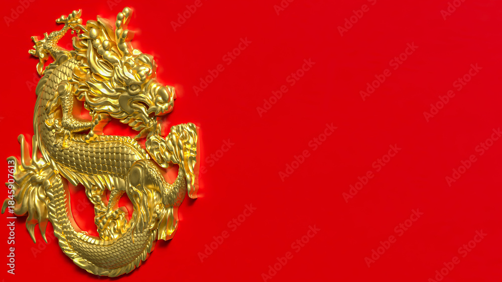 Fototapeta premium Golden Chinese Dragon Emblem on Red Background 3d render.