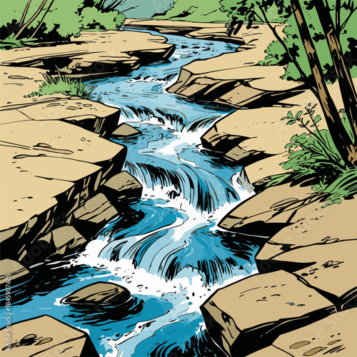 Vector illustration of a river, drawn in a bold American comic style with bold, expressive lines