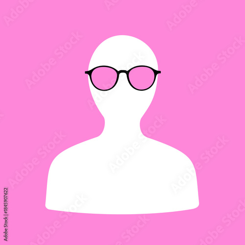 Person and man is wearing rose colored glasses  as metaphor of distorted vision because of love or distorted perception of reality - excessive positivity and optimism. Colorful vector illustration	