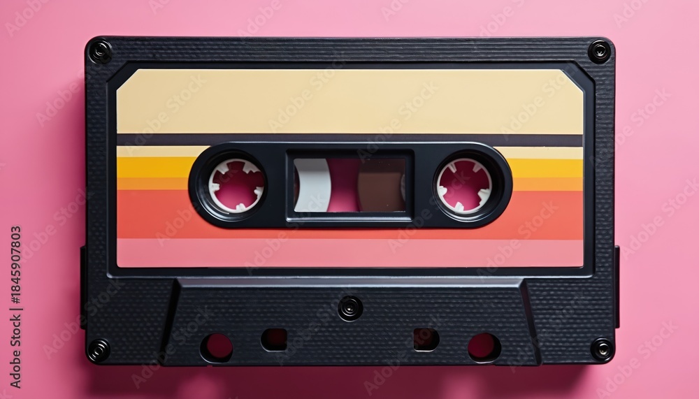 Obraz premium Retro cassette tape with colorful stripes on pink background. This analog music carrier represents audio, sound, and pop culture from the past.