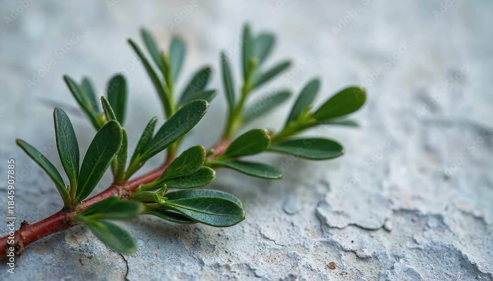 Obraz premium Close-up of green succulent branch with small oval leaves growing on rough textured surface. Minimalist nature detail, macro plant texture, organic form, garden element.