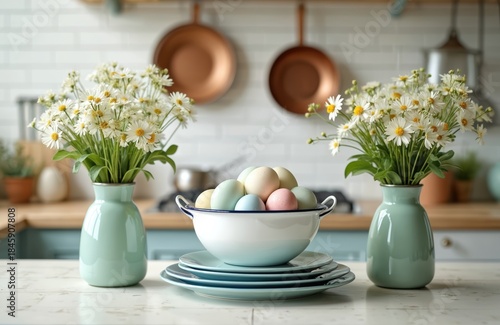 Wallpaper Mural Spring kitchen setup with daisy bouquets, pastel Easter eggs in a bowl, and stacked plates. Decorate your home with fresh flowers and festive tableware for a cozy celebration. Torontodigital.ca