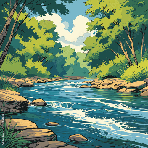 Vector illustration of a river, drawn in a bold American comic style with bold, expressive lines