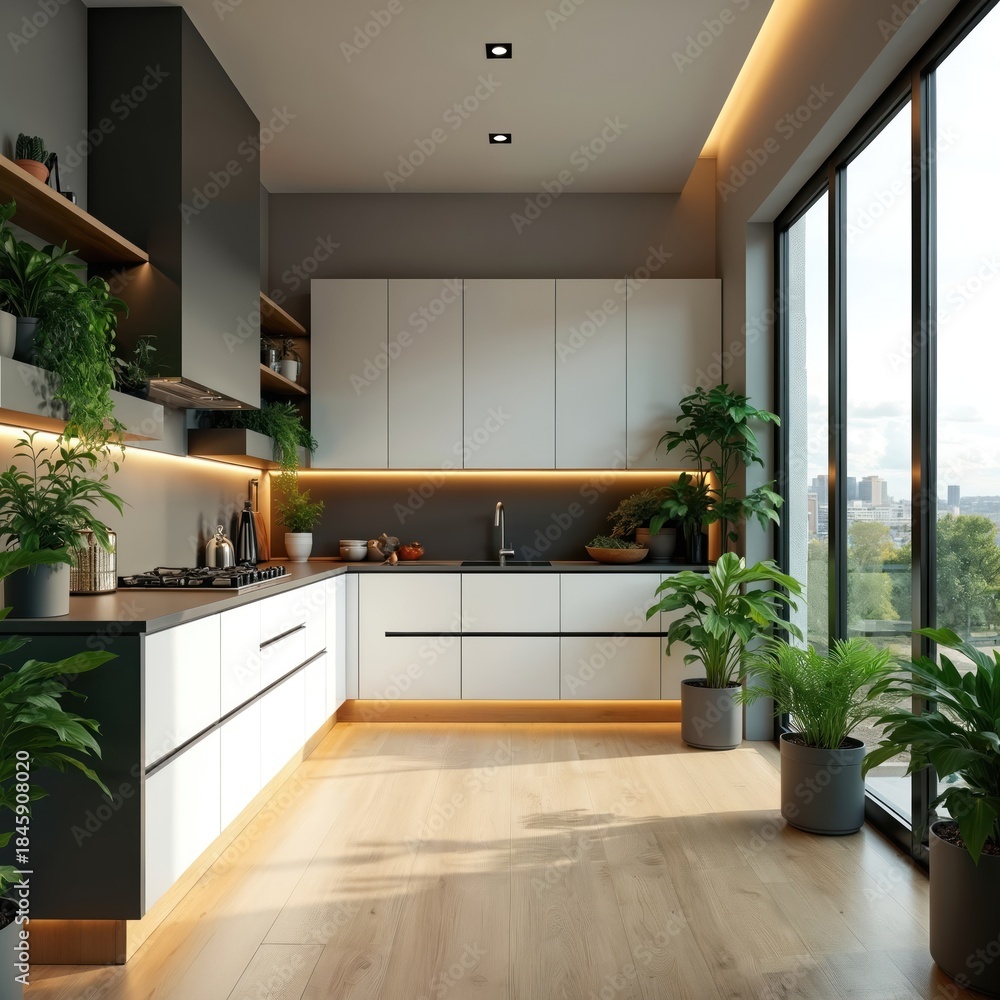 Naklejka premium Modern L-shaped kitchen with white cabinets, dark grey countertops, wooden floor. Abundant green plants add life to minimalist interior, illuminated by warm LED strip lights, natural light from large