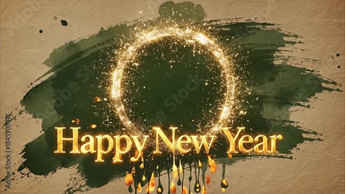 Sparkling golden ring and festive text celebrate the New Year with a flourish.