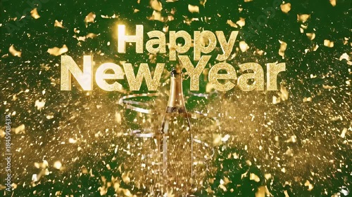 Golden 'Happy New Year' text with sparkling champagne and confetti celebration