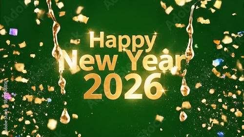 Sparkling gold confetti and liquid gold accents celebrate a festive Happy New Year 2026 on a deep green background.