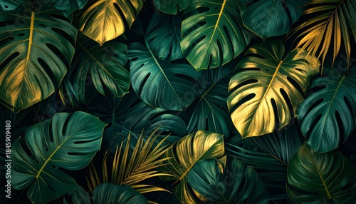 Luxury Tropical Monstera Leaves and Golden Palm Fronds Background Botanical Art Illustration