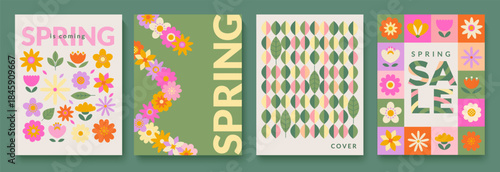 Springtime flyers with spring flowers, leaves pattern and sale banner template for your design, web,banners, posters,social media, sales.Greeting spring cards with floral elements. Vector illustration