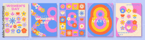 Greetings cards for Womens Day with flowers. Backgrounds for International holiday with floral pattern. Flyers for March 8, template for your design, web, banners, posters,social media, sales.Vector