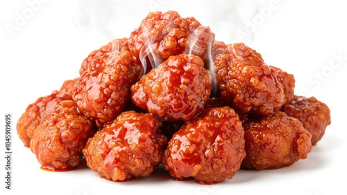A delicious pile of steaming boneless chicken wings coated in a vibrant red sauce