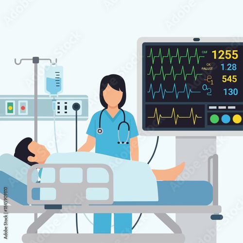 Nurse monitoring patient vital signs in hospital bed.