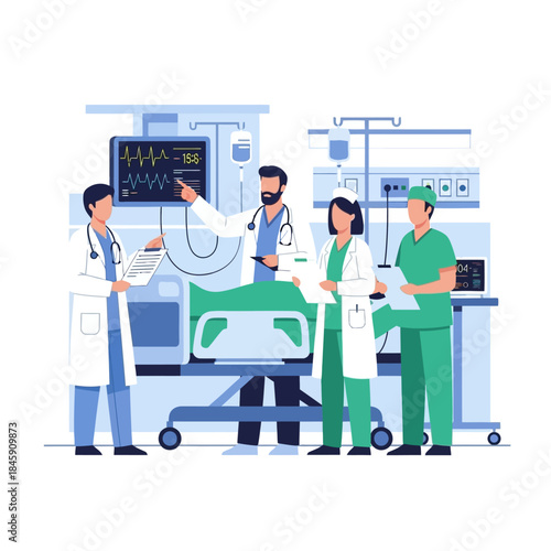 Medical professionals discussing patient care in a hospital room.