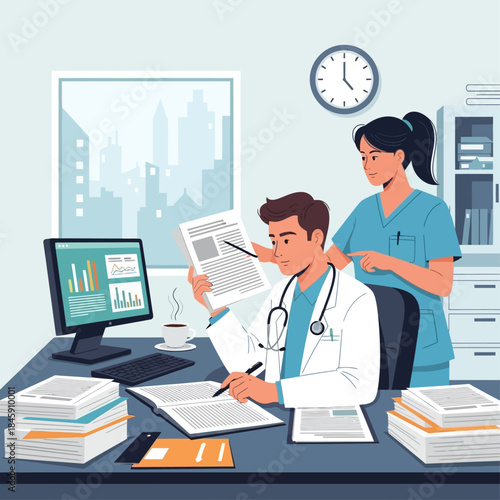 Male doctor and female nurse collaborating on patient files and medical data in a modern office setting.