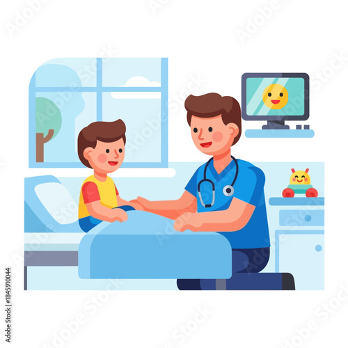 Male doctor comforting a young boy patient sitting on a hospital bed during a medical check-up in a cheerful room.