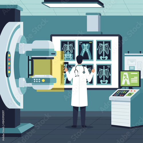A doctor examining multiple X-ray scans in a modern radiology room with advanced medical imaging equipment.