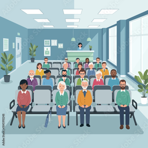 Diverse group of people of all ages sitting patiently in a modern, brightly lit waiting room with a receptionist at the desk.