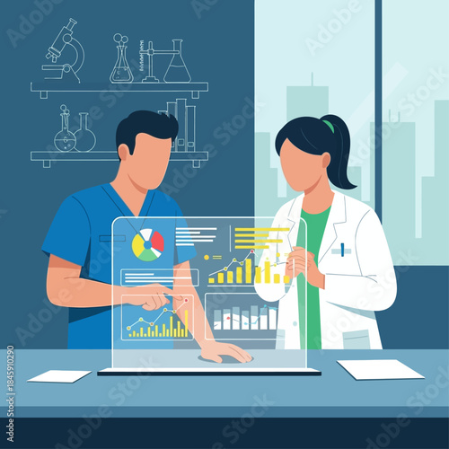Two scientists analyzing holographic data visualizations in a modern laboratory setting.
