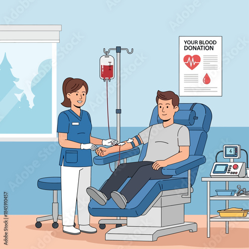 A nurse assists a man donating blood in a medical facility, with an IV drip and blood donation poster visible.