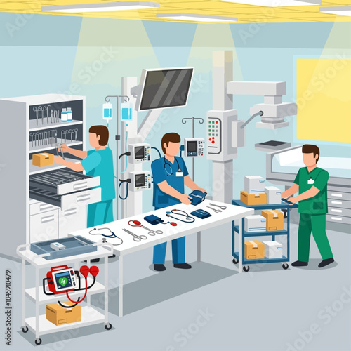 Medical professionals preparing surgical instruments and supplies in a hospital operating room.