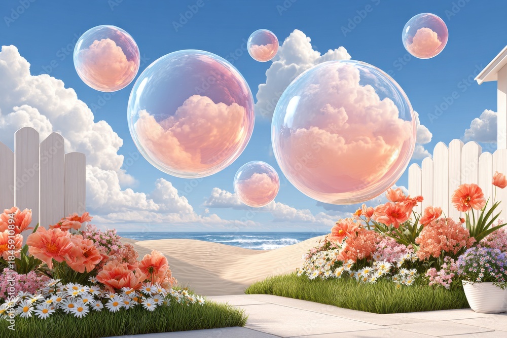 Fototapeta premium Surreal landscape with floating bubbles over grassy dunes and vibrant wildflowers under a blue sky