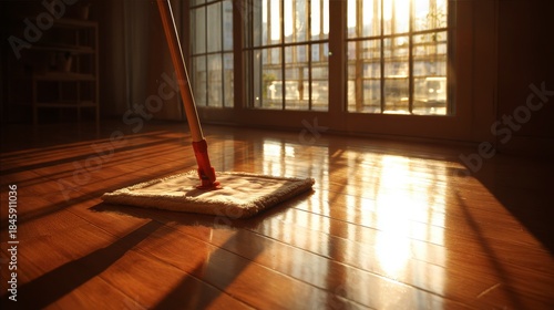Wallpaper Mural A mop rests on a shiny hardwood floor, sunlight streaming through a large window, illuminating dust Torontodigital.ca