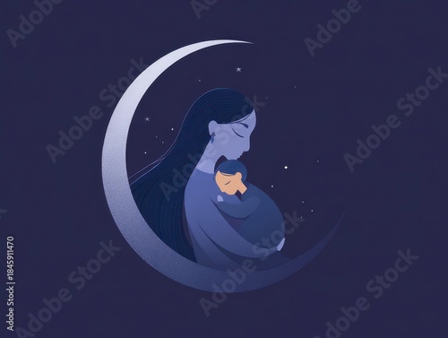 A mother cradles a child within a crescent moon, bathed in starlight. The illustration uses cool blues and soft shapes
