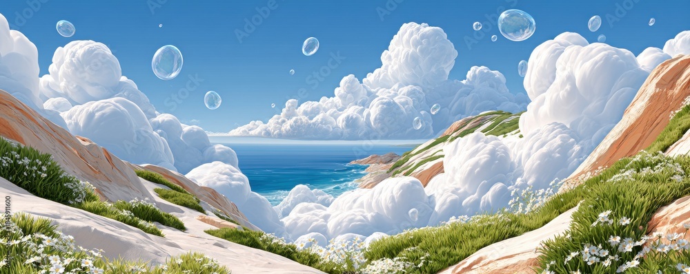 Fototapeta premium Serene alpine landscape with snow patches, green hills, and a bright blue sky