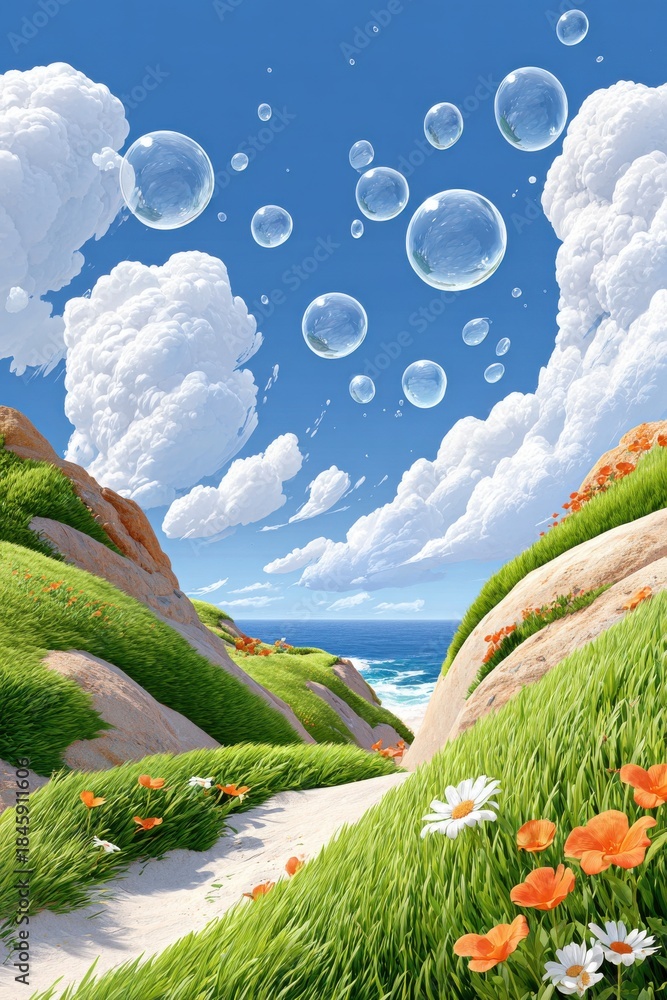 Fototapeta premium Vibrant hillside landscape with orange flowers, green slopes, and surreal bubbles in a blue sky