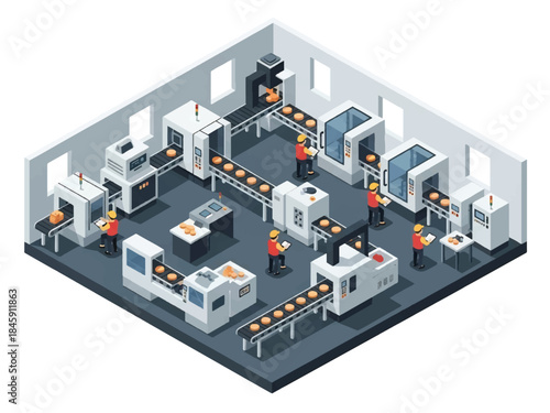 Isometric vector 3D view of a smart factory production line with automated machines and monitoring workers, illustrating Industry 4.0 manufacturing efficiency