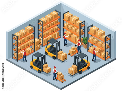 Isometric vector 3D view of an industrial warehouse with forklifts and workers handling boxes, showcasing logistics and supply chain operations
