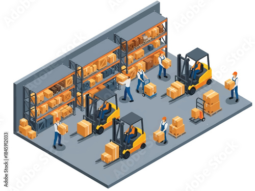 Isometric vector 3D view of an industrial warehouse with forklifts and workers handling boxes, showcasing logistics and supply chain operations