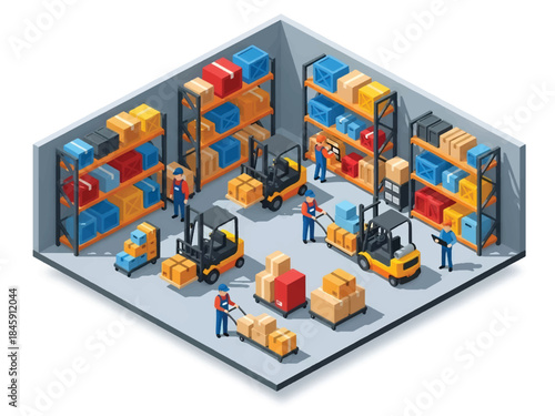 Isometric vector 3D view of an industrial warehouse with forklifts and workers handling boxes, showcasing logistics and supply chain operations