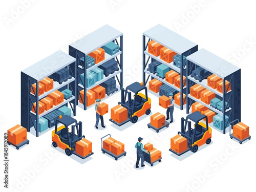 Isometric vector 3D view of an industrial warehouse with forklifts and workers handling boxes, showcasing logistics and supply chain operations
