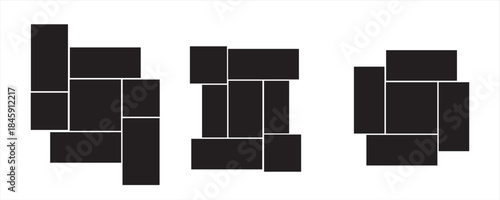 Mood board or photo collage template set. Black mosaic art grid arrangement. Picture frame composition portfolio collection. Wall gallery layout design for presentation, poster, mockup, banner. eps10