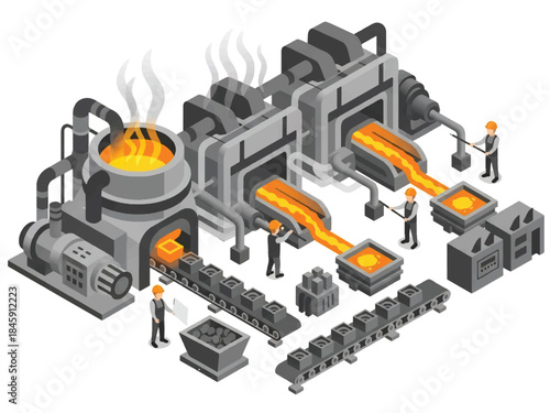 Isometric vector 3D view of a steel factory with furnaces and molten metal, depicting heavy industry manufacturing processes