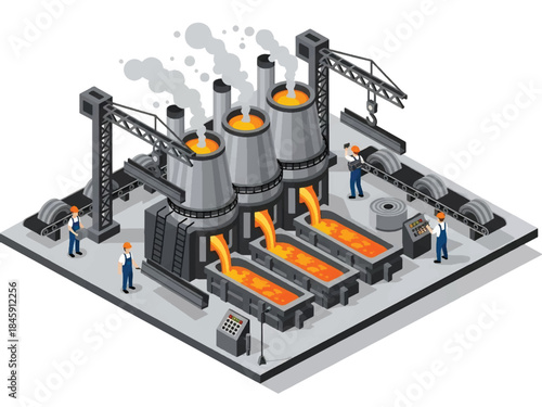 Isometric vector 3D view of a steel factory with furnaces and molten metal, depicting heavy industry manufacturing processes