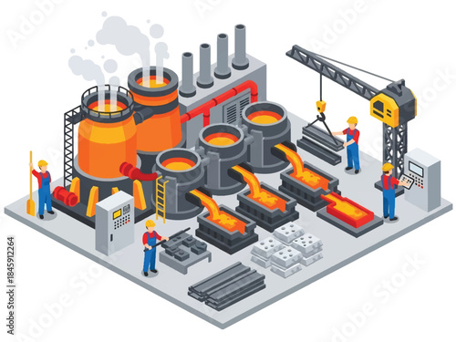 Isometric vector 3D view of a steel factory with furnaces and molten metal, depicting heavy industry manufacturing processes
