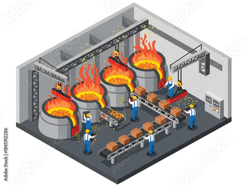 Isometric vector 3D view of a steel factory with furnaces and molten metal, depicting heavy industry manufacturing processes
