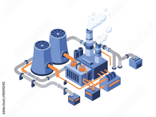 Isometric vector 3D view of an industrial power plant with turbines and control rooms, representing large-scale energy production