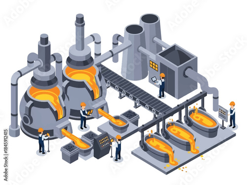 Isometric vector 3D view of a steel factory with furnaces and molten metal, depicting heavy industry manufacturing processes