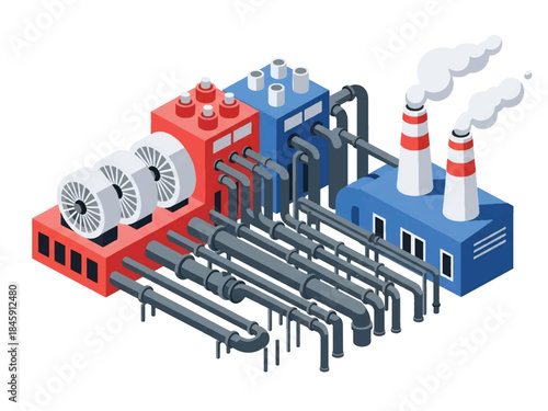 Isometric vector 3D view of an industrial power plant with turbines and control rooms, representing large-scale energy production